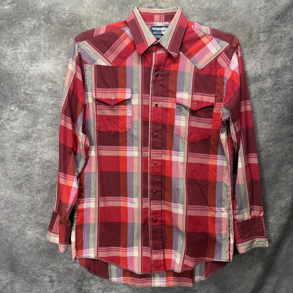VTG Wrangler Cowboy Cut Western Pearl Snap Shirt Sz 15.5 Red Plaid X-Long Tails